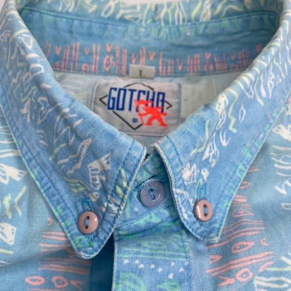 Vintage Gotcha Short Sleeve Faded Reverse Blue Casual Button Down Shirt Sz Lg - Picture 4 of 10